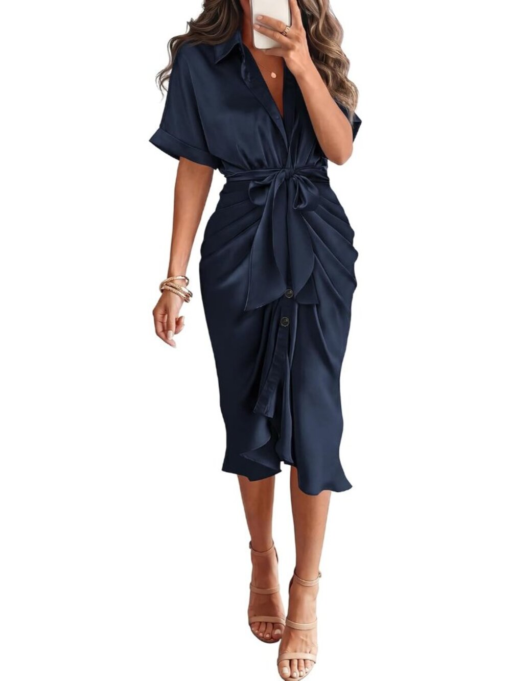 🆕 Womens Navy Blue Satin Shirt Dress Short Sleeve Tie Waist Button Midi Dress